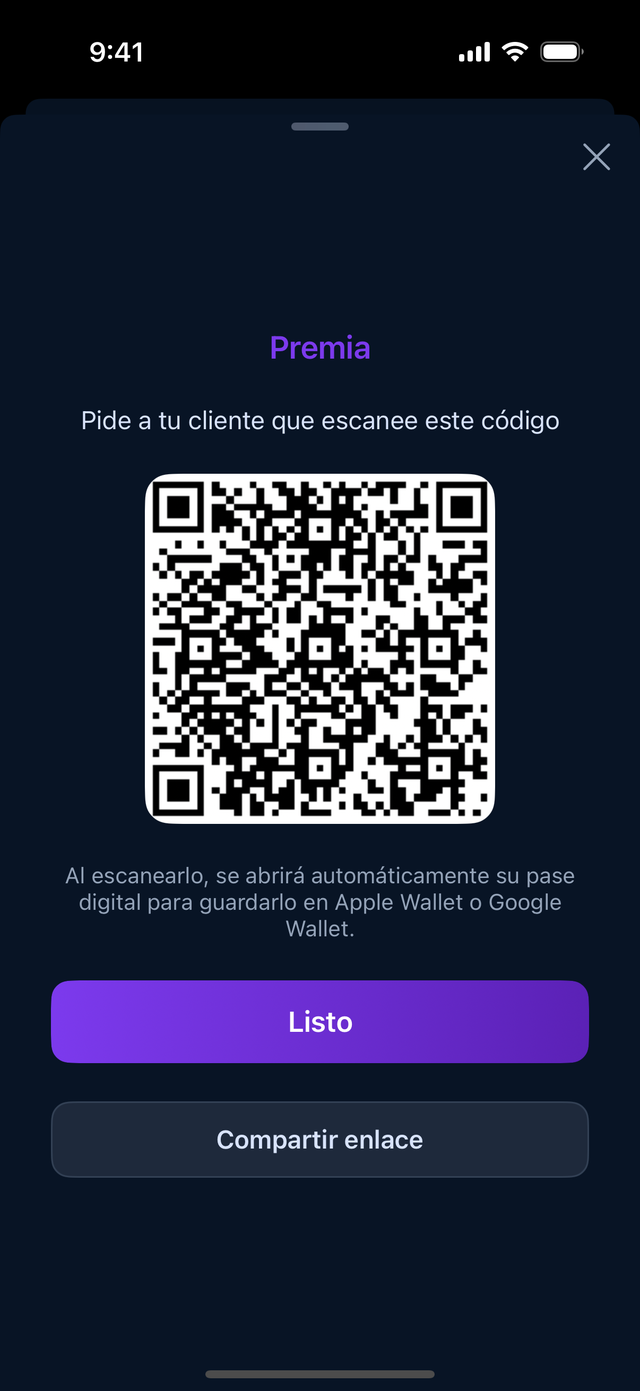 Código QR de una tarjeta nueva listo para escanear