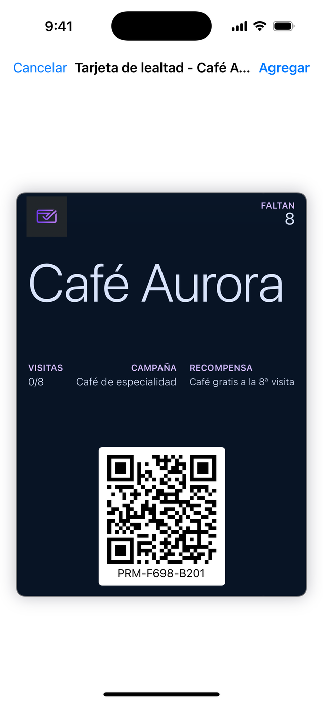 Pase de Café Aurora agregándose a Apple Wallet